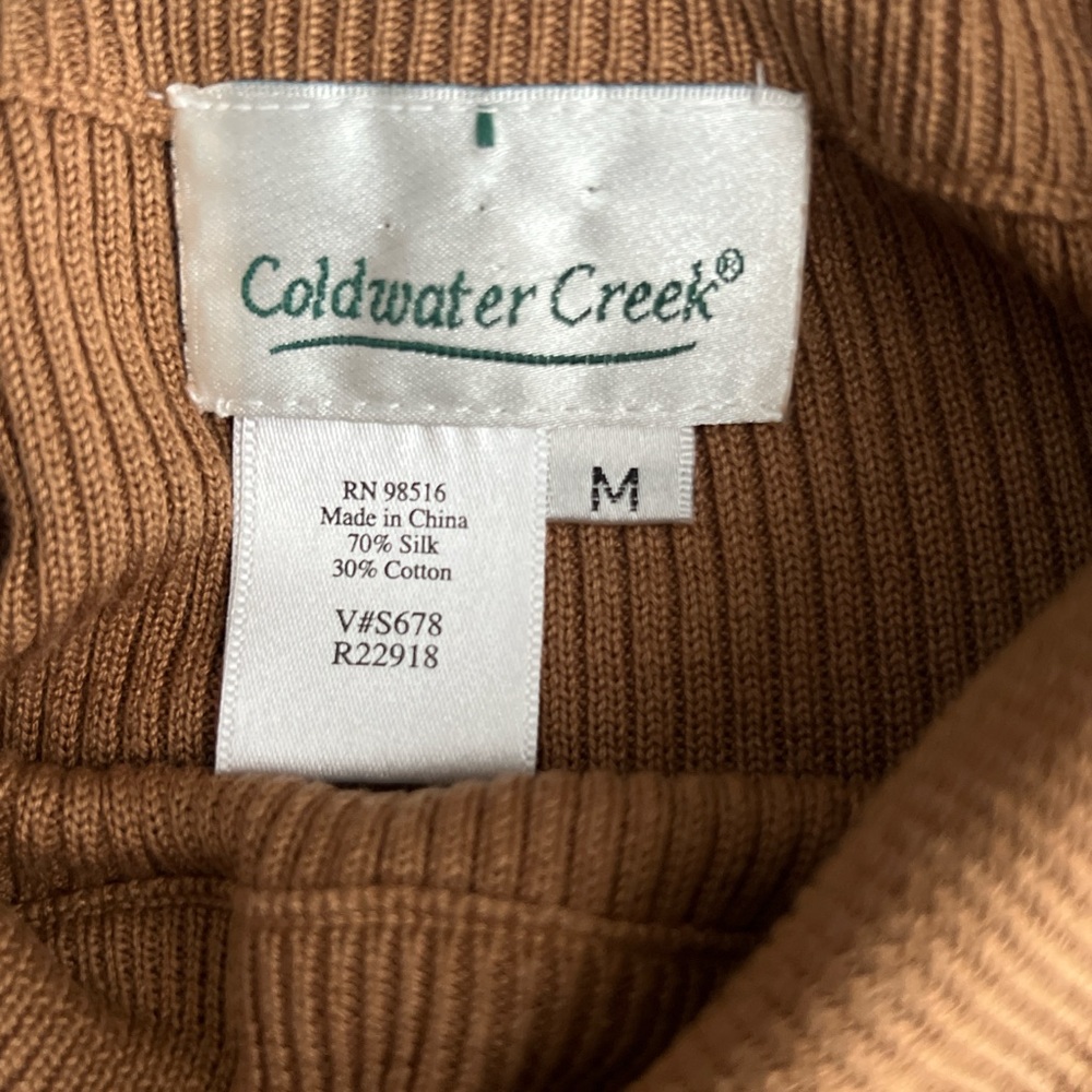 Coldwater Creek Silk Cotton Ribbed Mock Turtleneck Camel Layering Basic - Picture 3 of 5